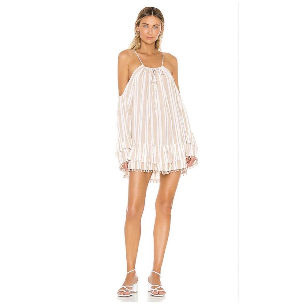 Lovers And Friends Revolve Tan White Striped Tropical Paris Cover Up Dress Sz Xs